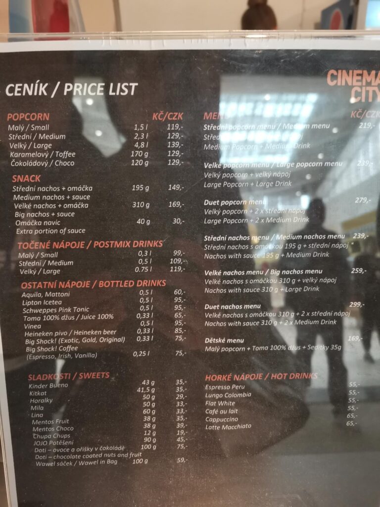 Cinema City menu cena