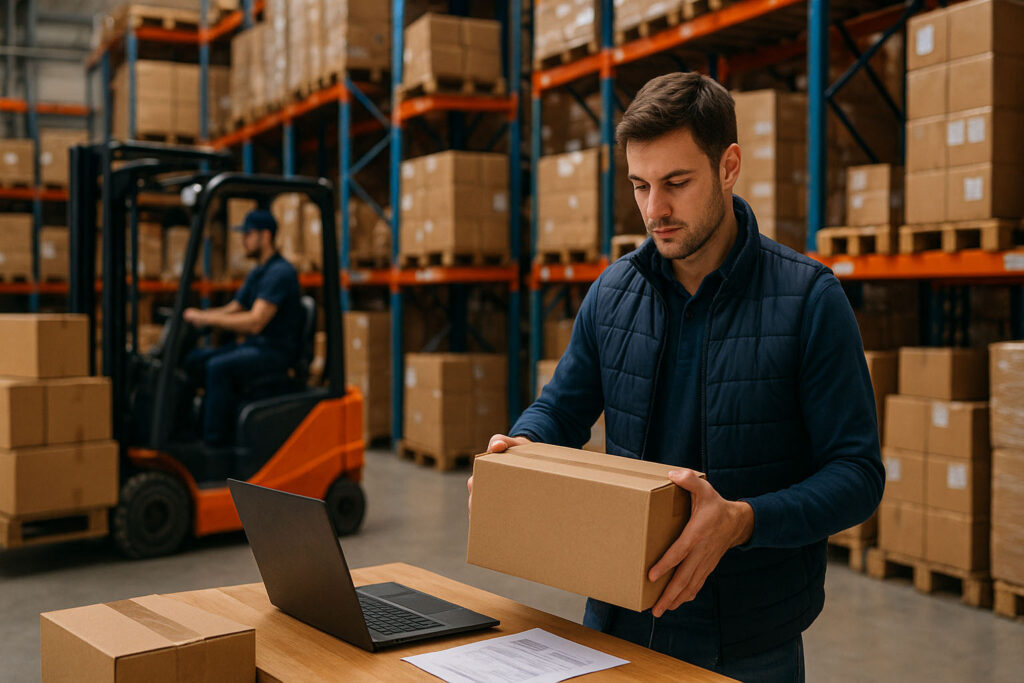 Muž ve skladu balí balíky